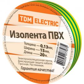 Изолента ПВХ TDM 0,13x15 мм, желто-зеленая 20 м SQ0526-0017 