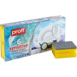 Губка для мытья посуды PROFF PLASTIK профилированная 85x65 мм 6 шт/уп, ДЕЛИКАТНАЯ с серым абразивом, желтая УИ-2601499 