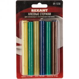 Клеевые стержни d=11,3 мм, L=100 мм, цветные, 12 шт. блистер Rexant 09-1230 