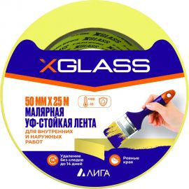 Малярная клейкая лента для наружных работ X-Glass УФ-стойкая, 100С, жёлтая, 50 мм, 25 м, крепированная УТ0008126 