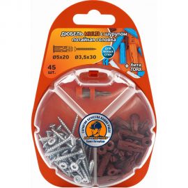 Дюбель ЕВРОПАРТНЕР MULTI plug 5x20 + шуруп MULTI универсальный, пот. головка, ZN, 3,5x30 + бита TX, 45 шт. RB2 0126 