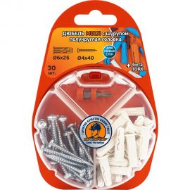 Дюбель ЕВРОПАРТНЕР MULTI plug 6x25 + шуруп MULTI универсальный, полукругл. головка, ZN, 4x40 + бита TX RB2 0135 