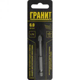 Сверло по керамограниту и плитке Квадро 6x75 мм, 1/4HEX-E Гранит 144006 