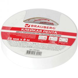 Клейкая двухсторонняя лента BRAUBERG 25 мм х 8 м, на вспененной основе, 1 мм, прочная 600487 