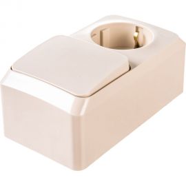 Блок 1-местная розетка + 1-клавишный выключатель Schneider Electric открытой проводки Этюд с заземлением защитные шторки кремовый BPA16-201K 