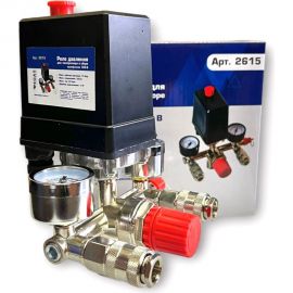 Реле для компрессора в сборе 380 В (2 быстросъемных выхода, регулятор давления, клапан сброса давления) Pegas pneumatic 2615 