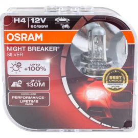 Автолампа, евробокс, 2шт. OSRAM H4 60/55 P43t+100% NIGHT BREAKER SILVER 12V /1/10 64193NBS-HCB 