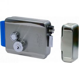 Электромеханический замок FOX накладной, установка внутренняя, левая правая, нержавеющая сталь, блокиреумая кнопка выхода на замке, тип ключа-зубчатый 5-шт. в комплекте, 12в 2а, цвет стальной, 142x105x35. FX-2369 Сталь 