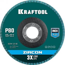 Лепестковый циркониевый торцевой круг KRAFTOOL ZIRCON Inox-Plus по металлу и нержавеющей стали, 125x22.2 мм, P80 36594-125-80 