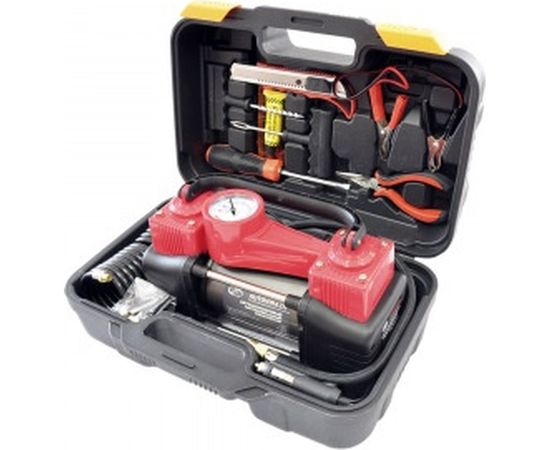 Двухцилиндровый компрессор 85 л/мин в кейсе с набором для ремонта колес AUTOVIRAZH AV-010890 