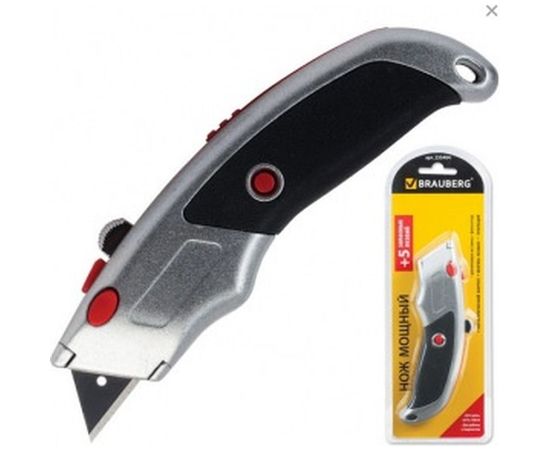Нож мощный, металлический корпус, фиксатор + 5 лезвий BRAUBERG 235404 