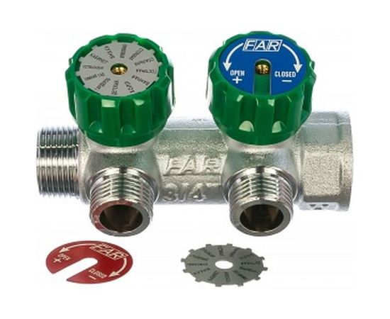 Регулирующий коллектор FAR 3/4" ВР-НР с 2 отв. 1/2" НР межосев. 45 мм, плск.упл. FK 3821 3412TP 