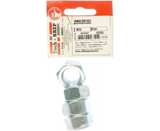 Шестигранная гайка DIN 934 оцинкованная М20, 4шт - пакет Tech-Krep 112251 
