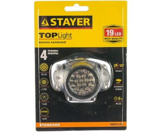 Налобный светодиодный фонарь 19LED, 4 режима, 3ААА STAYER STANDARD 56570 