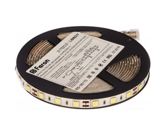 Cветодиодная LED лента 60SMD(5050)/м, 14.4Вт/м, 5м, IP65, 12V, холодный белый Feron LS607 27652 – изображение 2