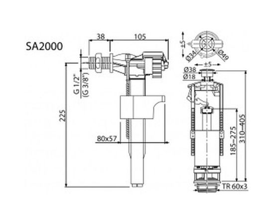 Арматура для бачка Alca Plast SA2000 сливная/наливная, боковое подключение, кнопка хром, 1 режим 023-4312 – изображение 2