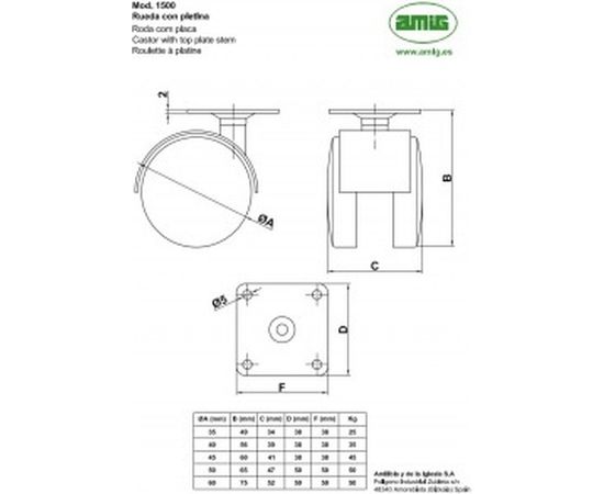 Колесо Amig мод.1500, D40мм, поворотная площадка 38х38мм, без тормоза 6196 – изображение 2