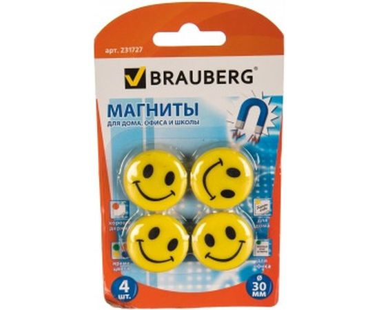 Магниты СМАЙЛИКИ, диаметр 30 мм, 4 шт. BRAUBERG 231727 – изображение 2