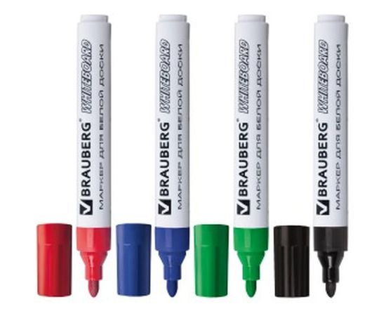 Набор маркеров для доски BRAUBERG 4 шт., классические, круглый наконечник 5 мм 150417 – изображение 2