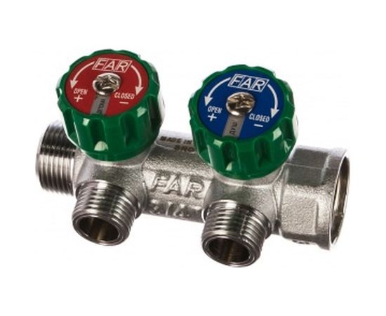 Регулирующий коллектор FAR 3/4" ВР-НР с 2 отв. 1/2" НР межосев. 45 мм, плск.упл. FK 3821 3412TP – изображение 2