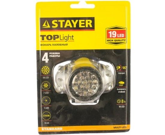 Налобный светодиодный фонарь 19LED, 4 режима, 3ААА STAYER STANDARD 56570 – изображение 2