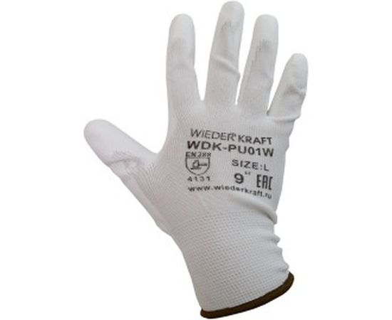 Белые лёгкие бесшовные защитные перчатки эргономичной формы из нейлона WIEDERKRAFT WDK-PU01W / XL – изображение 2