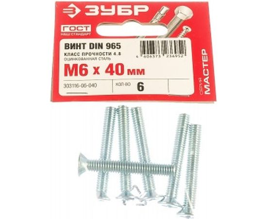 Винт ЗУБР DIN 965, M6 x 40 мм, 6 шт, кл. пр. 4.8, оцинкованный, 303116-06-040 – изображение 2