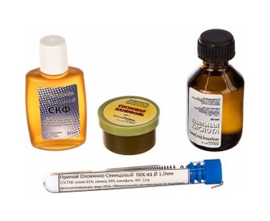 Набор для пайки № 2 КУРС припой ПОС-61 с каниф. 10гр.; каниф.сосн. 20гр.; кислота паял. 30мл; флюс СКФ 30мл 60622 