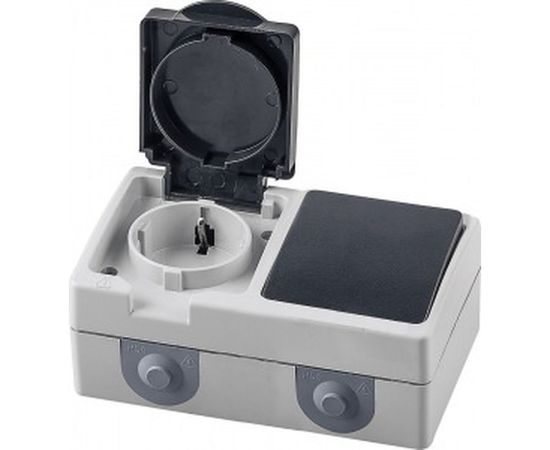 Блок STEKKER: розетка одноместная с заземляющим контактом открытой установки, одноклавишный выключатель 250В, 16А 32759 