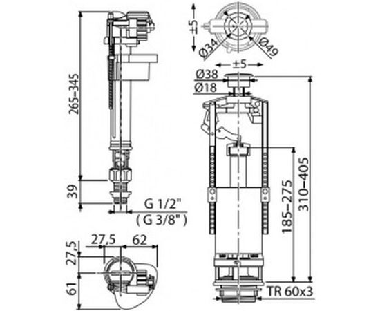 Арматура для бачка Alca Plast SA2000S сливная/наливная, нижнее подключение, кнопка хром 1 режим 023-4311 – изображение 2