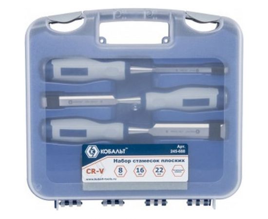 Набор плоских стамесок: 8, 16, 22мм, длина 140мм, CR-V, двухкомпонентные рукоятки, точильный камень, 3шт, кейс КОБАЛЬТ 245-688 
