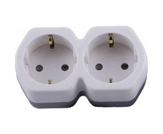 Сетевой разветвитель на два выхода STEKKER с заземляющим контактом, 250V, 16A, белый/серый 32870 