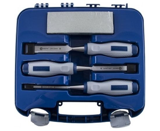 Набор плоских стамесок: 8, 16, 22мм, длина 140мм, CR-V, двухкомпонентные рукоятки, точильный камень, 3шт, кейс КОБАЛЬТ 245-688 – изображение 2