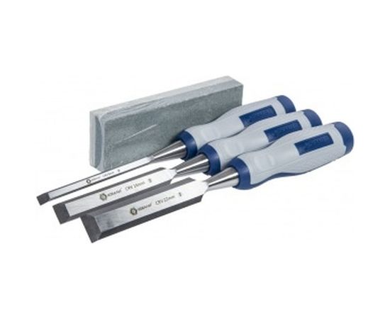 Набор плоских стамесок: 8, 16, 22мм, длина 140мм, CR-V, двухкомпонентные рукоятки, точильный камень, 3шт, кейс КОБАЛЬТ 245-688 – изображение 3