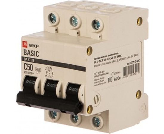 Автоматический трехполюсный выключатель EKF 50А С ВА47-29 4.5кА mcb4729-3-50C 1163763 