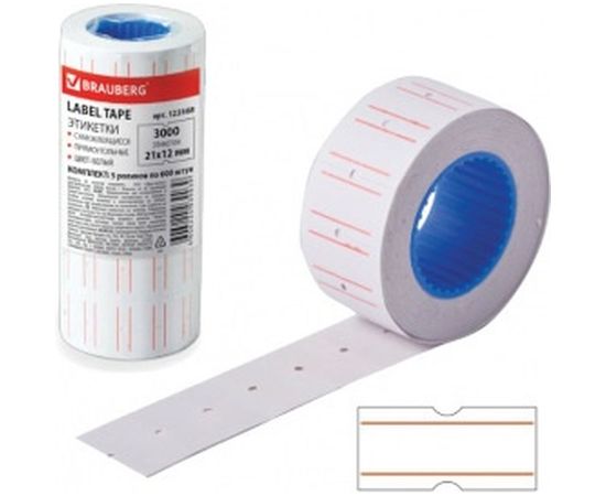 Этикет-лента BRAUBERG белая, 5 рулонов по 600 шт, 21х12 мм 123568 