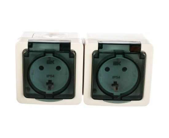 Двухместная розетка IEK для открытой установки, с заземляющим контактом, с крышкой РСб22-3-ГПБд IP54 ERMP22-K03-16-54-EC 