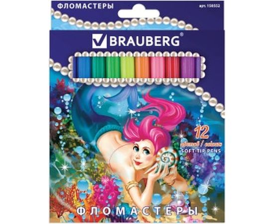 Фломастеры BRAUBERG Морские легенды, 12 цветов вентилируемый колпачок, упаковка с блестками, 150552 