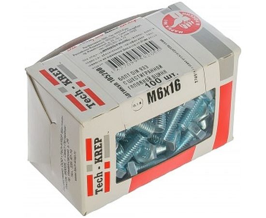 Болт DIN 933 с шестигранной головкой, оцинкованный М6х16, 100шт - коробка Tech-Krep 105200 – изображение 2