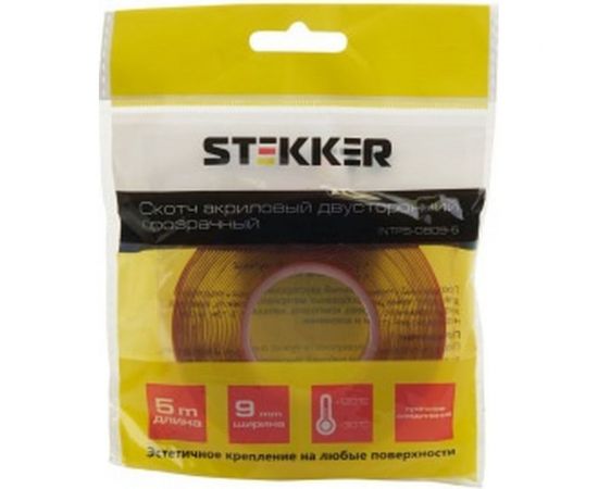 Акриловая двусторонняя клейкая лента STEKKER 0,8х9мм, длина 5м, прозрачный, красная подложка 39144 – изображение 2