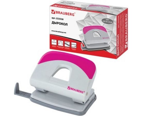 Дырокол BRAUBERG "Delta", до 20 листов, с резиновой накладкой, серый, розовая вставка, 222558 – изображение 4