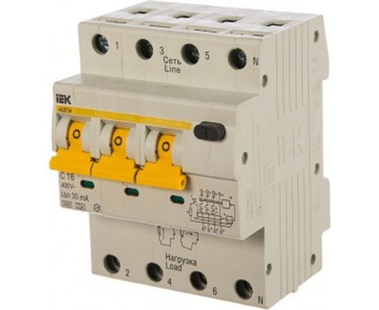 Автоматический дифференциальный выключатель тока IEK 3п+N 2мод. C 16A 30mA тип A 6kA АВДТ-34 ИЭК MAD22-6-016-C-30 