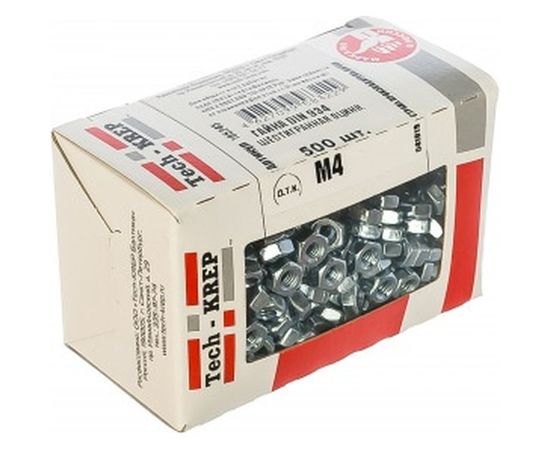 Шестигранная гайка DIN 934 оцинкованная М4, 500шт - коробка Tech-Krep 105245 