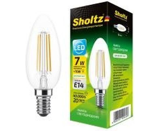 Светодиодная филаментная лампа Sholtz свеча 7Вт E14 4000К C37 220-240В стекло FOC5003 