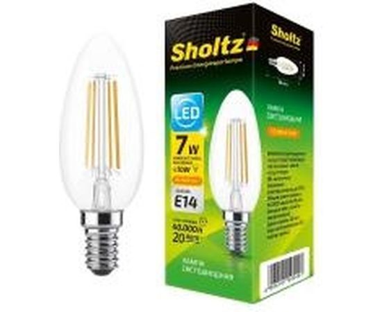 Светодиодная филаментная лампа Sholtz свеча 7Вт E14 2700К C37 220-240В стекло FOC5004 