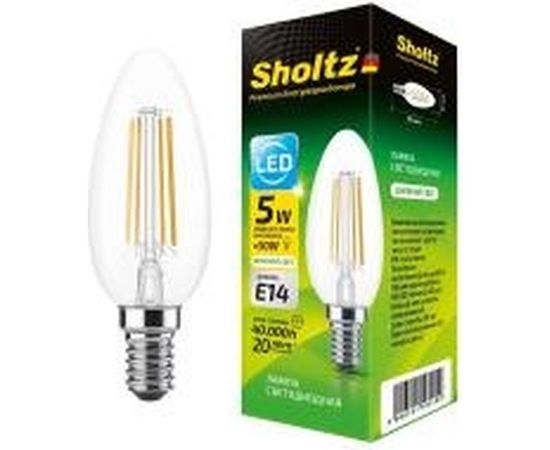 Светодиодная филаментная лампа Sholtz свеча 5Вт E14 4000К C37 220-240В стекло FOC5001 
