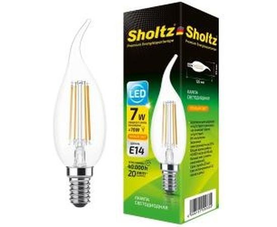 Светодиодная филаментная лампа Sholtz свеча на ветру 7Вт E14 2700К CA, CW 220-240В стекло FOC5006 