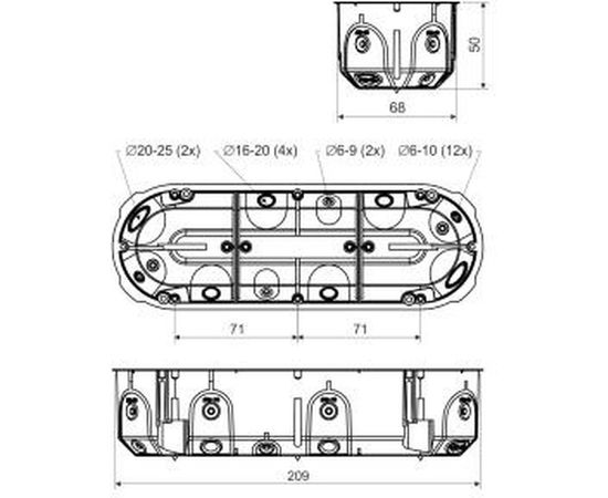 Установочная приборная коробка (подрозетник) KOPOS герметичная трехместная KPL 64-50 Kopos Electro 68x209х50 для пустотелых, гипсокартонных и деревянных стен IP30 KPL 64-50 / 3LD (NA) – изображение 2