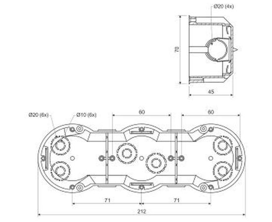 Коробка установочная приборная (подрозетник) KOPOS трехместная KP 64 Electro 71x213х45 для твердых стен (комплект 2шт.) KP 64 / 3 (KA) – изображение 3