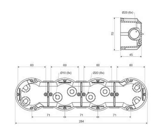 Коробка установочная приборная (подрозетник) KOPOS четырехместная KP 64 Electro 71x283х45 для твердых стен (комплект из 2 штук) KP 64 / 4 (KA) – изображение 2